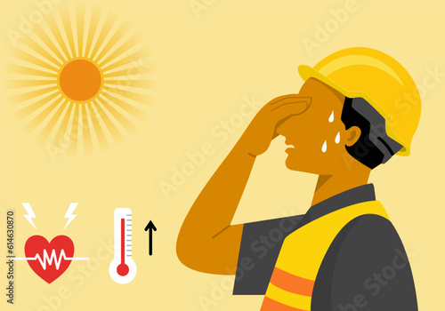 A worker man has heat stroke with heart rate and high temperature symbol, flat vector illustration.
