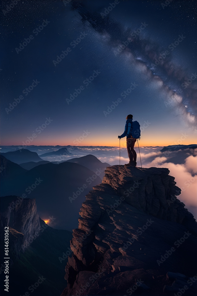 Hiker at the summit of a mountain overlooking a stunning view. Generative AI Hiker at the summit of a mountain overlooking a stunning view. Generative AI