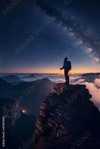 Hiker at the summit of a mountain overlooking a stunning view. Generative AI