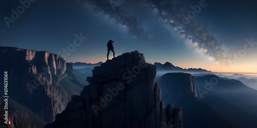 Hiker at the summit of a mountain overlooking a stunning view. Generative AI