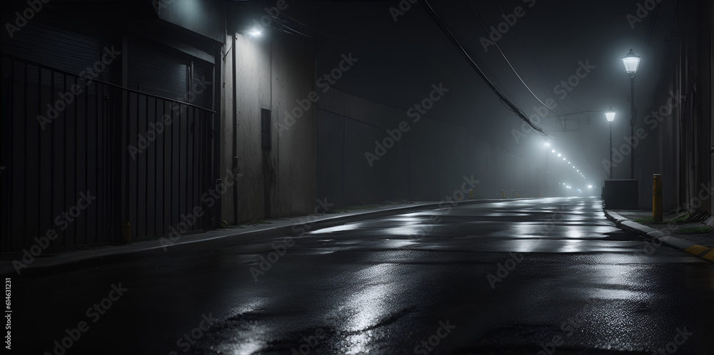 Midnight road or alley with car headlights pointed this way. Generative AI