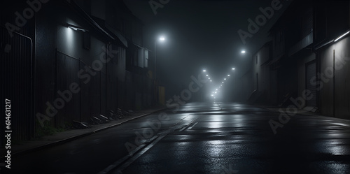 Midnight road or alley with car headlights pointed this way. Generative AI © wolfhound911