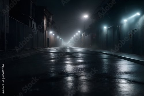 Midnight road or alley with car headlights pointed this way. Generative AI © wolfhound911