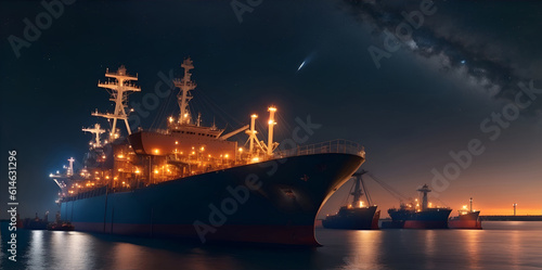 Oil tanker docked in an offshore dock at night or dawn sea. Generative AI