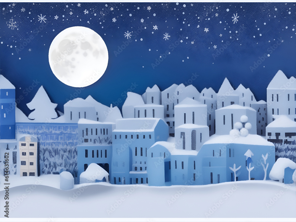 Winter Snow Urban Countryside Landscape City Village with full moon. Generative AI