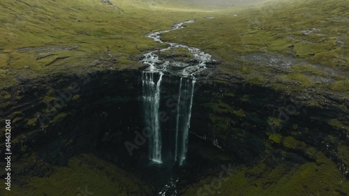 Drone shot from Fossá Waterfall in Faroe Islands. photo