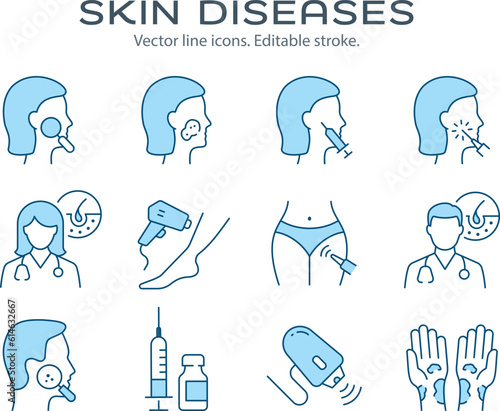 Skin diseases icons, such as eczema, psoriasis, sunburn, rosacea, and more. Editable stroke. Change to any size and any colour.