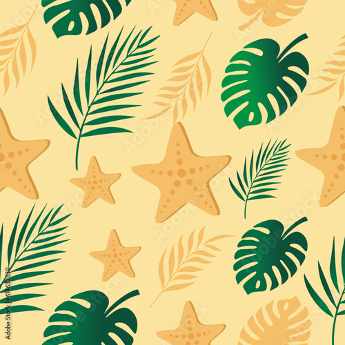 Vector seamless summer pattern with tropical motifs - palm leaves and starfish.