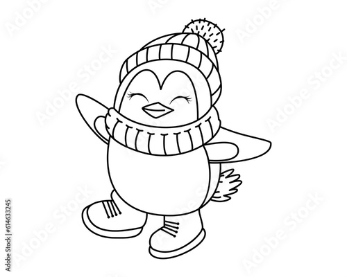 Penguin. Cartoon Bird. Funny Antarctic character skates. Coloring book for children. Vector. Outline drawing for print, magazines, children's illustrations. Used for web-design. White background. 