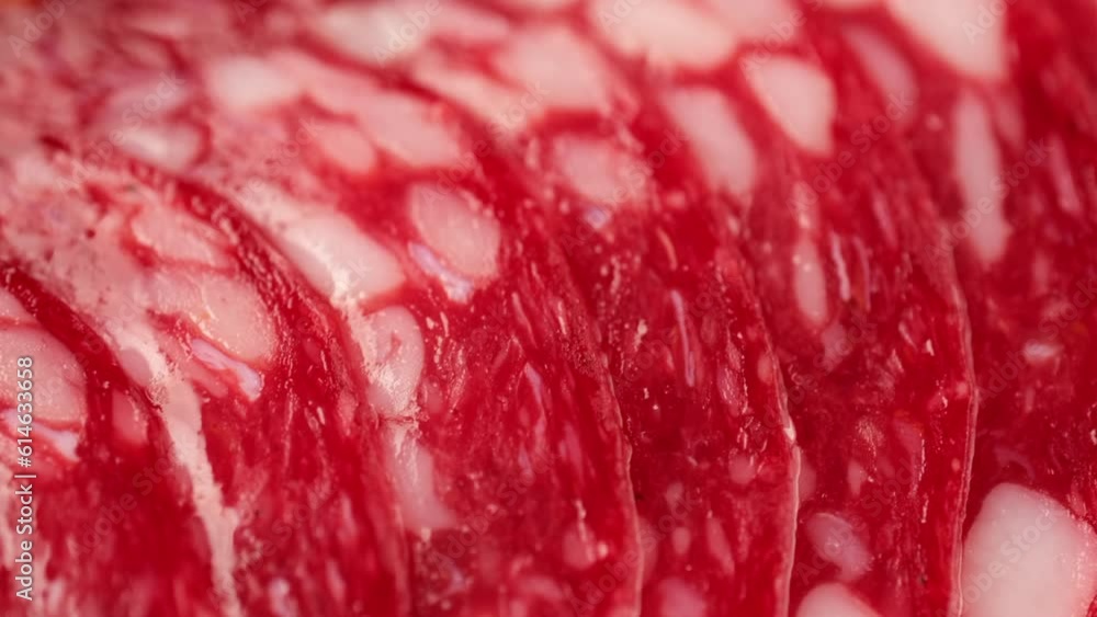 Sliced sausages close up, slider shot Sliced sausages close up, slider shot