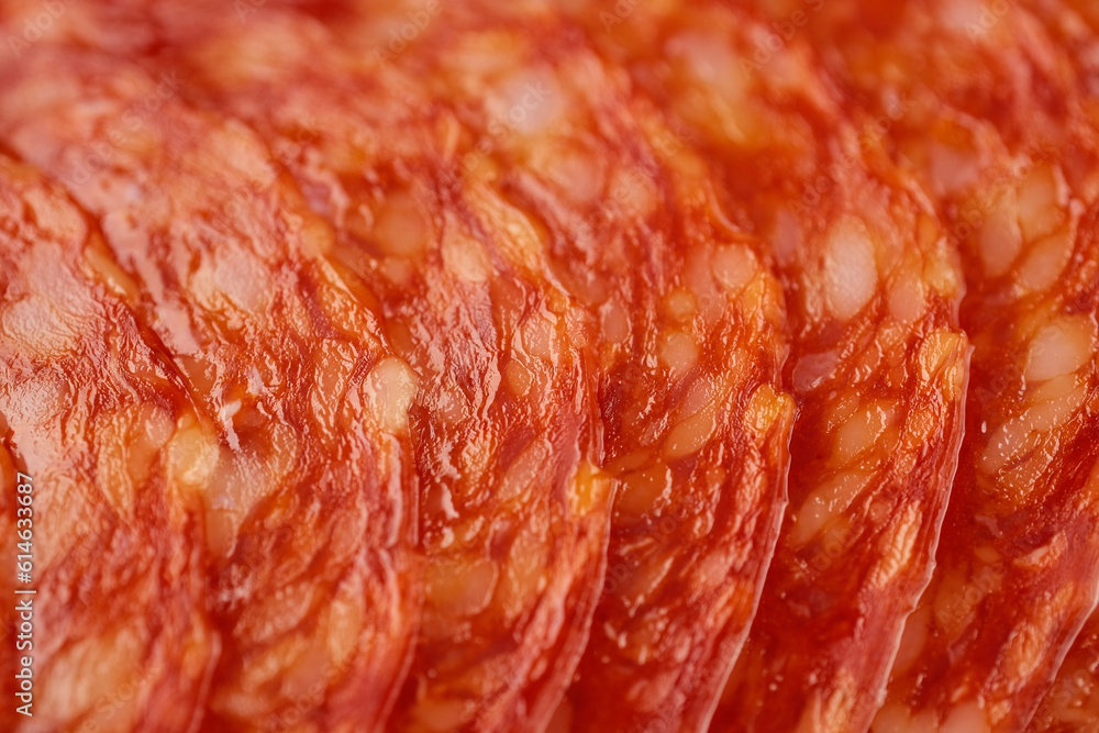 Sliced pepperoni sausage close up Sliced pepperoni sausage close up