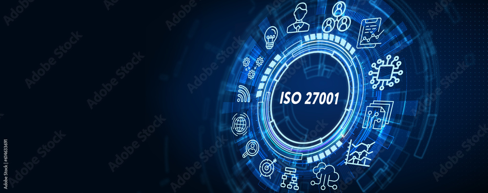 ISO 27001 Standard certification standardisation quality control concept on screen. 3d illustration