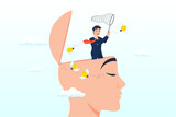Businessman open his head to using butterfly net to catching light bulb idea, creative idea thinking process, contemplation, idealization for solution or innovation, development, learn skills (Vector)