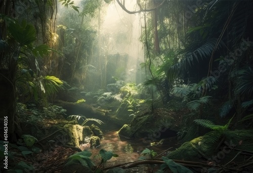 Jungle in a tropical forest with green leaves around. Generative ai