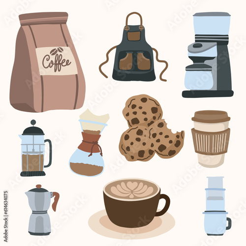 Set of Coffee Shop and Cafe Objects Cute Hand Drawn Illustration