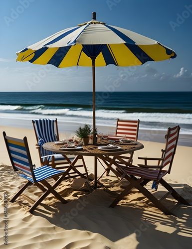 chairs and umbrella on beach.. Generative AI illustration