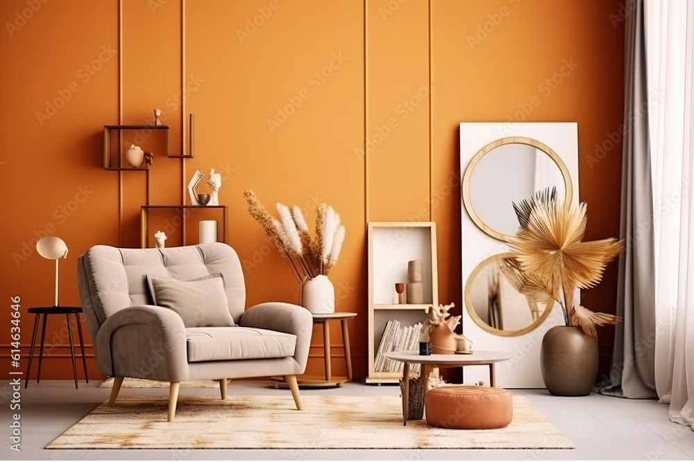 Interior with wooden cabinet and armchair 3d rendering | Interior with armchair and coffee table 3d rendering | Interior with armchair and coffee table 3d rendering, Generative AI
