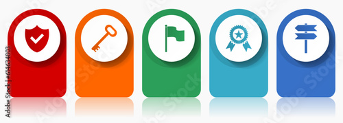 Internet icon set, miscellaneous vector icons such as shield, key, flag, badge and signpost, modern design infographic template, web buttons in 5 color options
