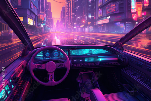 Fast and Stylish: Futuristic Car in Purple Neon Colors on a Night Drive. Generative AI