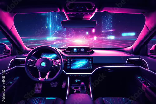 Futuristic Car with Vibrant Purple Neon Colors Speeding through the Night. Based on Generative AI
