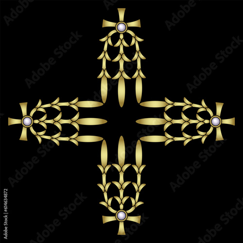 Ethnic geometrical cross shape square ornament with ancient Egyptian motifs. Golden glossy silhouette with white pearl beads on black background. Jewelry design.