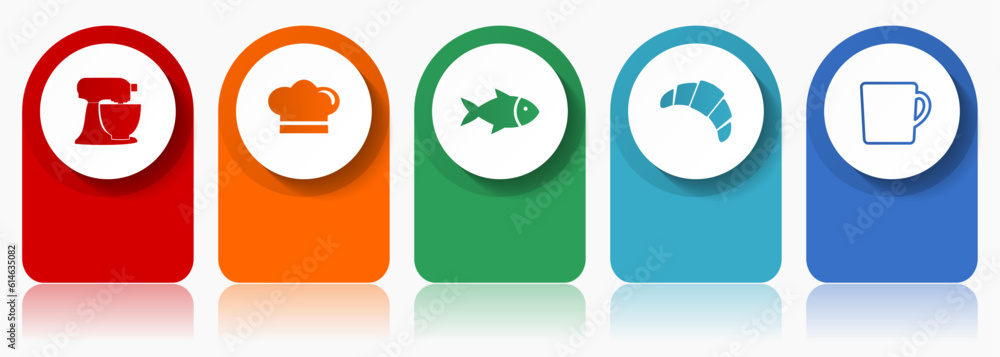 Cooking icon set, miscellaneous vector icons such as mixer, chef hat, fish, cake and cup, modern design infographic template, web buttons in 5 color options Cooking icon set, miscellaneous vector icons such as mixer, chef hat, fish, cake and cup, modern design infographic template, web buttons in 5 color options
