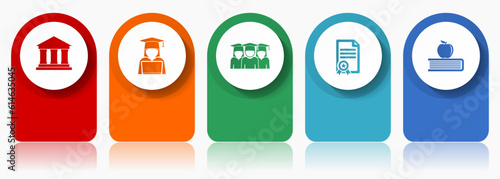 Learning and study icon set, miscellaneous vector icons such as building, student, diploma and book with apple, modern design infographic template, web buttons in 5 color options