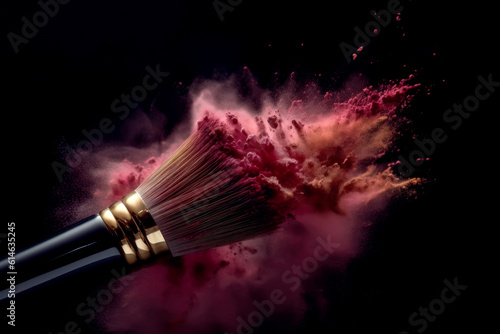 Fotobehang Makeup brush with colorful powder explosion or eyeshadow isolated in dark background