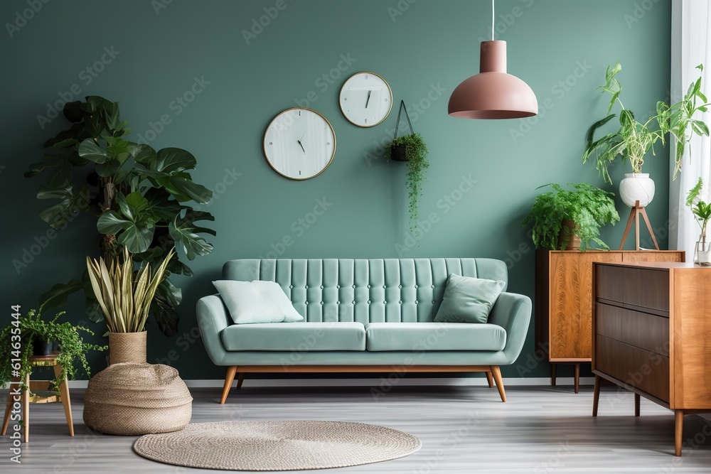 Modern interior of living room with armchair and cabinet on dark green ...
