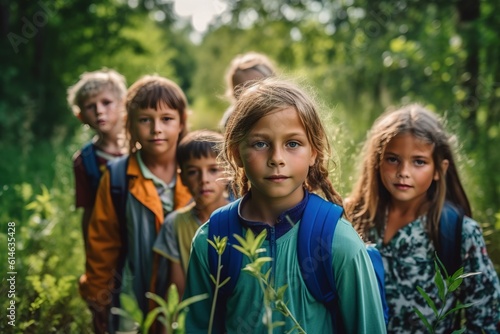 Group of children walking in the wild forest. Generative AI, Generative AI