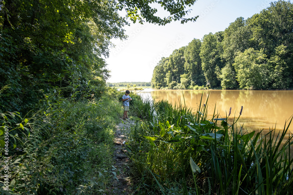 Fototapeta premium Boy fishing in lake on summer day.