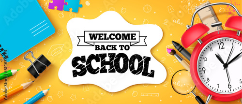 Back to school text vector design. Welcome back to school typography in empty space with alarm clock, color pencil and crayons elements. Vector illustration educational background.