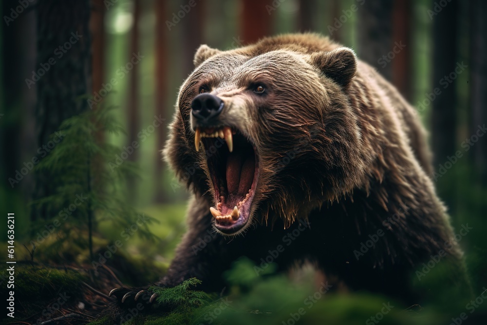 Angry frightening grizzly bear in the wild forest. Generative AI, Generative AI - obrazy, fototapety, plakaty 