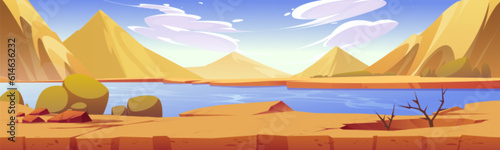 Desert river landscape with yellow sand dunes or mountains vector cartoon scenic background. Oasis with lake water in dry african Sahara cracked ground with dusty green plants under sunny blue sky