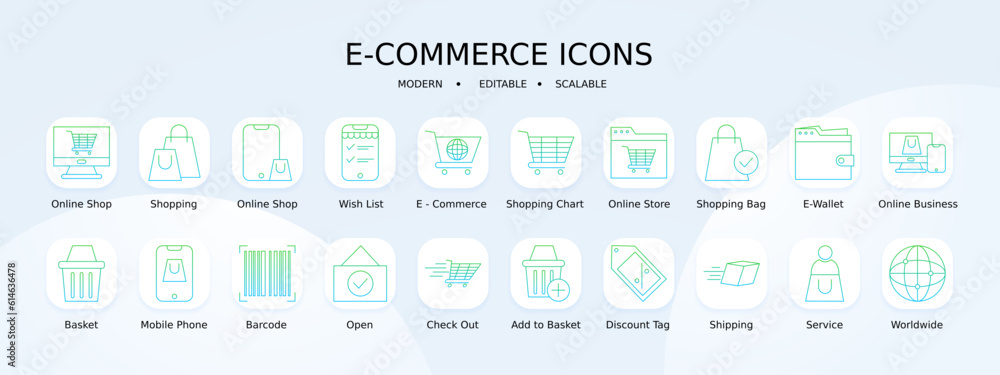E-commerce icon collection with green and blue gradient outline style. service, ecommerce, button, phone, application, tag, flat. Vector Illustration E-commerce icon collection with green and blue gradient outline style. service, ecommerce, button, phone, application, tag, flat. Vector Illustration
