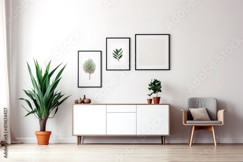 Mock-up living room with wood cabinet table shelf and armchair with polished concrete loft style wall   Mock up white wall background   3d rendering  Generative AI
