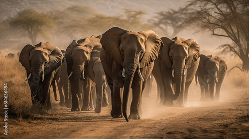 Majestic Elephant Herd Grazing on African Plains