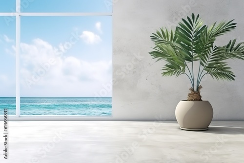 Plant against a white wall mockup. White wall mockup with brown curtain, plant and wood floor. 3D illustration,Generative AI © Azar