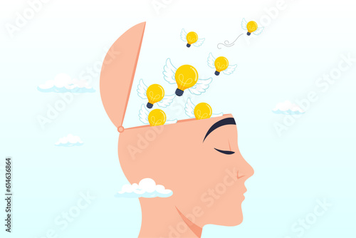 Bright light bulb ideas flying from genius human head idea generation, develop new idea or solution to solve problem, thinking process to generate creativity or answer, learning or brainstorm (Vector)