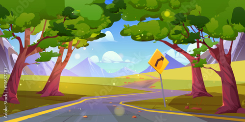 Mountain road pathway in forest vector landscape. Outdoor curve and winding asphalt highway through fresh woods and green stunning nature valley. Sunny journey to alps direction cartoon background