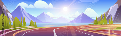 Empty highway, overpass road for expressway. Sunny morning background with summer landscape with bridge with car freeway, forest, lake and mountains, vector cartoon illustration