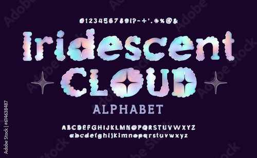 Modern cloud font  alphabet with holographic gradient. Letters and numbers. ABC alphabet in trendy rainbow flat style isolated on black background.