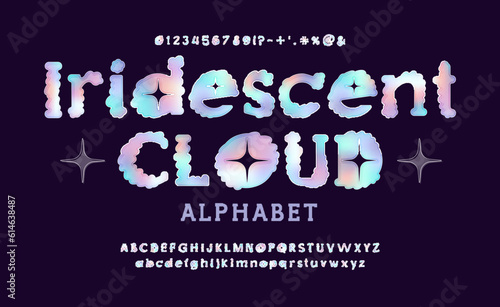 Modern cloud font, alphabet with holographic gradient. Letters and numbers. ABC alphabet in trendy rainbow flat style isolated on black background.