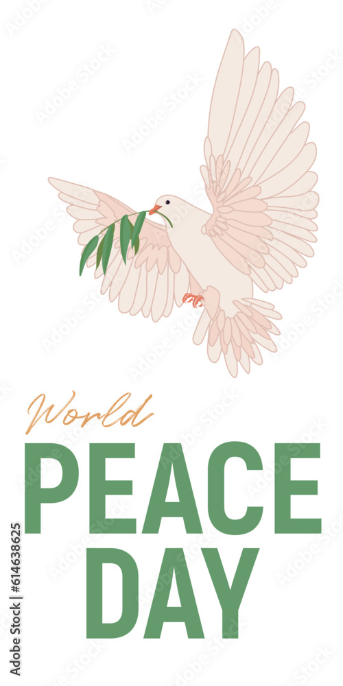 International Day of Peace. Vector illustration. Real world concepts around the world. September 21. The world famous symbol of consent is a white dove with an olive branch on a white background.