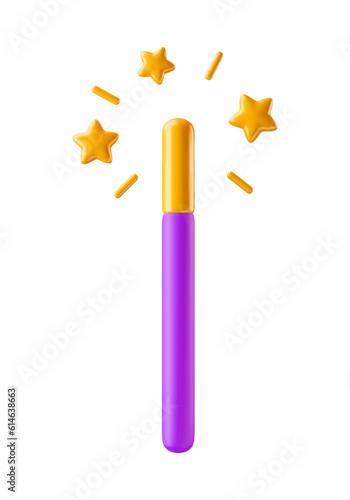 Magic wand 3d realistic style. Cute pink magical stick with golden stars and sparkles. Magician, wizard, fairy, princess accessory vector illustration isolated on white background