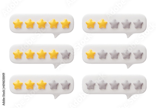 Feedback in speech bubbles set, metallic rating stars, customer review. User experience, rating, performance evaluation for app and website vector illustration on white background