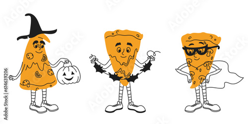 Halloween pizza slices. Set of characters in doodle style.
