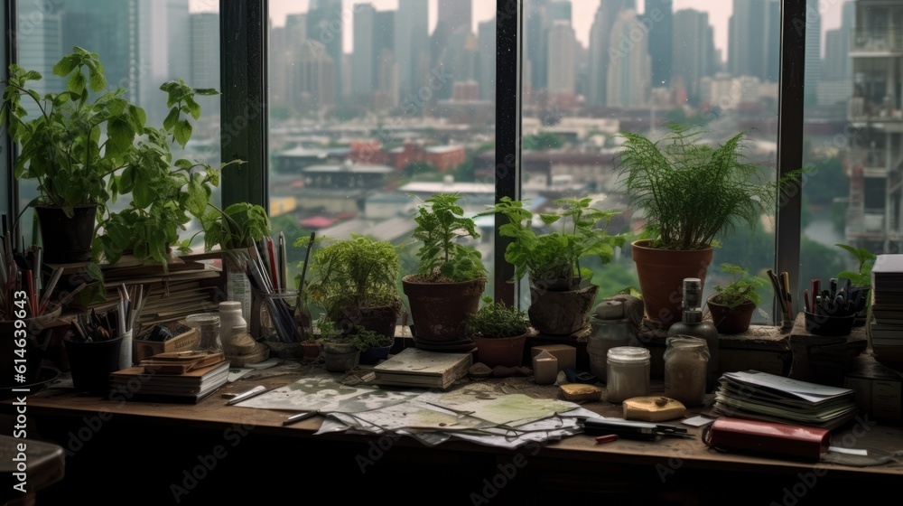 View from a plant-cluttered desk out a window into a rainy city View from a plant-cluttered desk out a window into a rainy city