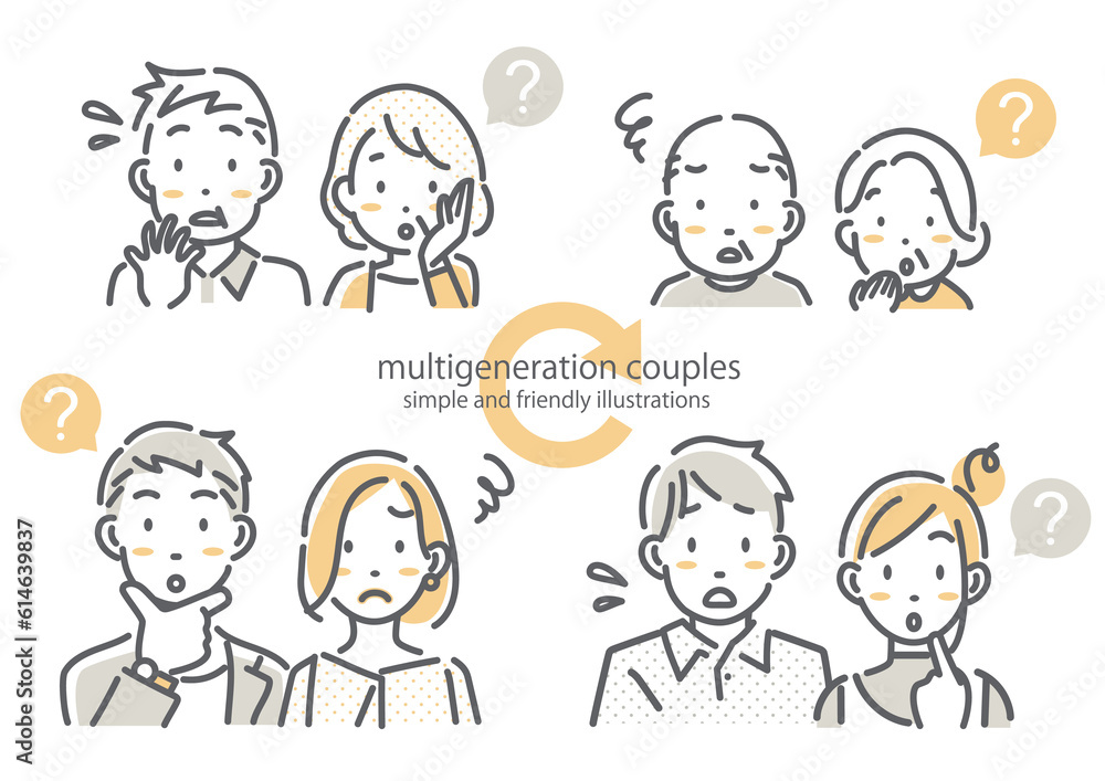 いろいろな世代の夫婦のイラストセット　シンプルでお洒落な線画イラスト