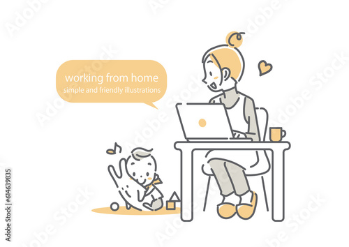 在宅勤務で赤ちゃんと一緒に充実した時間を過ごすお母さん　シンプルでお洒落な線画イラスト © fumi